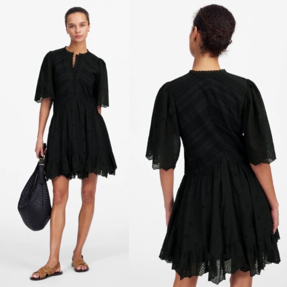 Madewell Eyelet Flutter Sleeve Mini Dress in Cotton NWT in Jet Black 4 - Picture 1 of 14